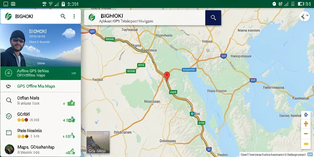 Tampilan antarmuka BIGHOKI dengan fitur GPS Offline Maps.