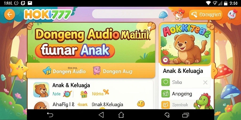 Antarmuka aplikasi HOKI777 yang ramah anak dengan berbagai pilihan dongeng audio.