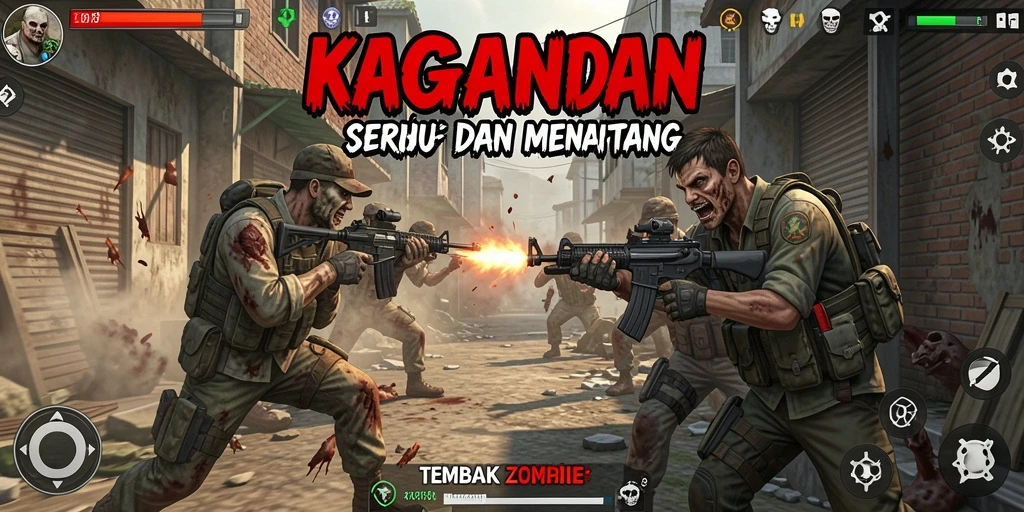 Tampilan antarmuka KAGANDAN yang menonjolkan aksi tembak zombie.